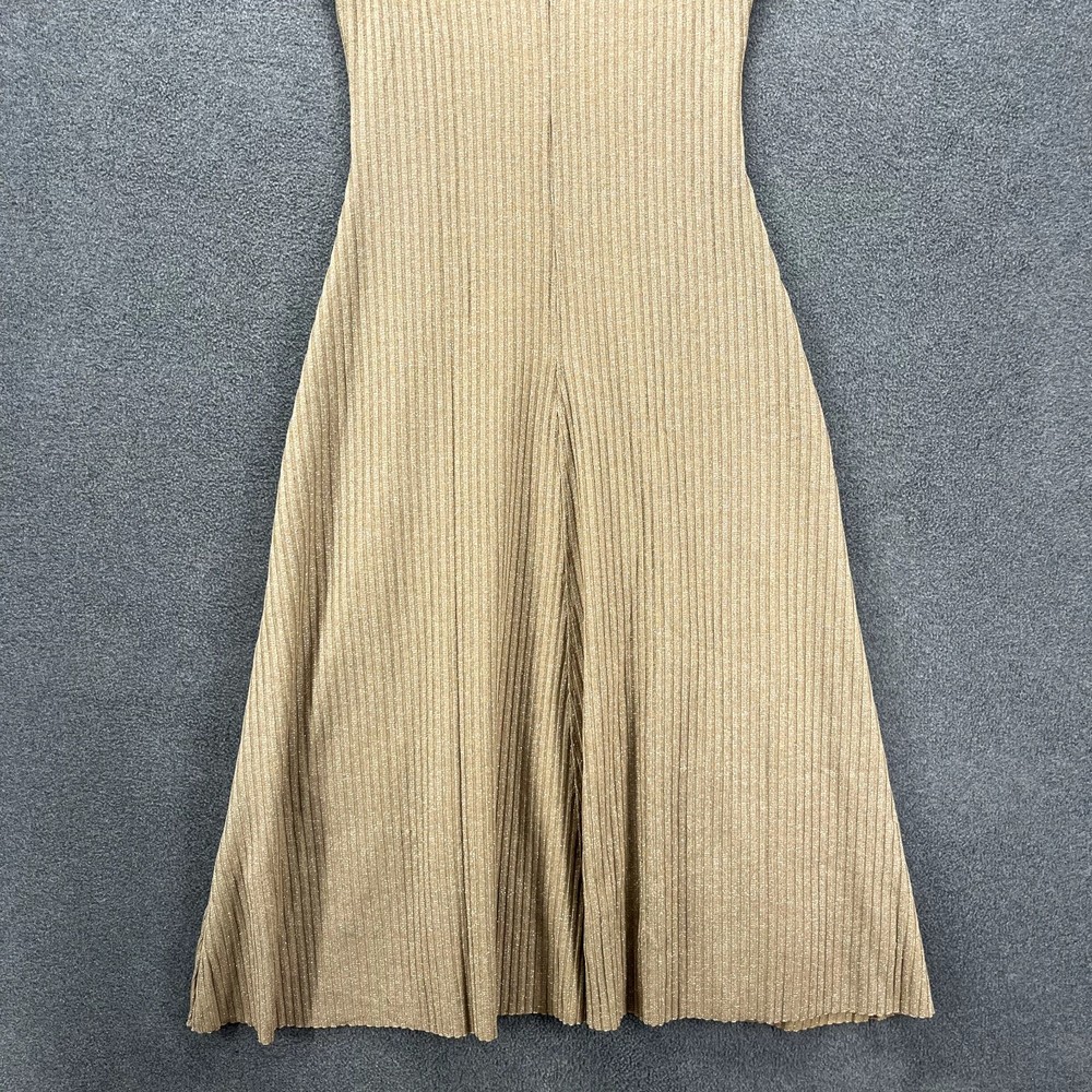 Zara Ribbed Dress womens Size L Tan Sleeveless Stretch metallic thread Halter - Picture 5 of 16